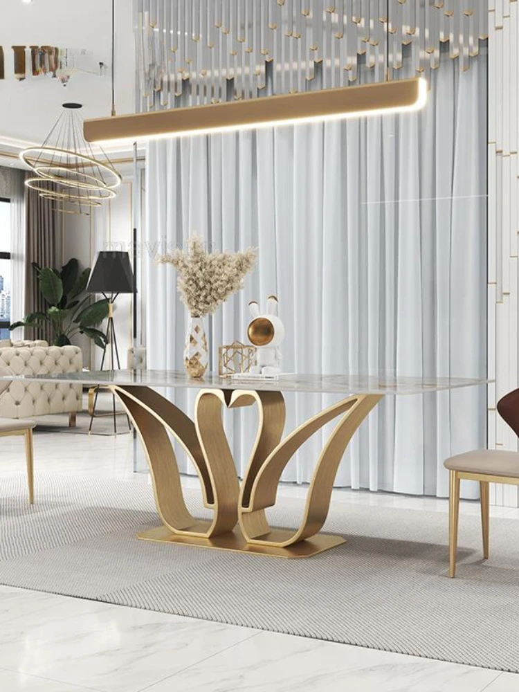 Роскошная вилла Столовая Прямоугольный Островной стол в форме Лебедя 1,8 м И набор из 6 стульев Золотистая Мраморная мебель креативного дизайна Изображение 2