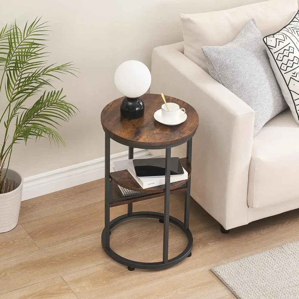 Круглый приставной столик с местом для хранения, Черный деревянный приставной столик с 3-ярусной полкой для хранения, Тумбочка для гостиной, диван в спальне Изображение 0