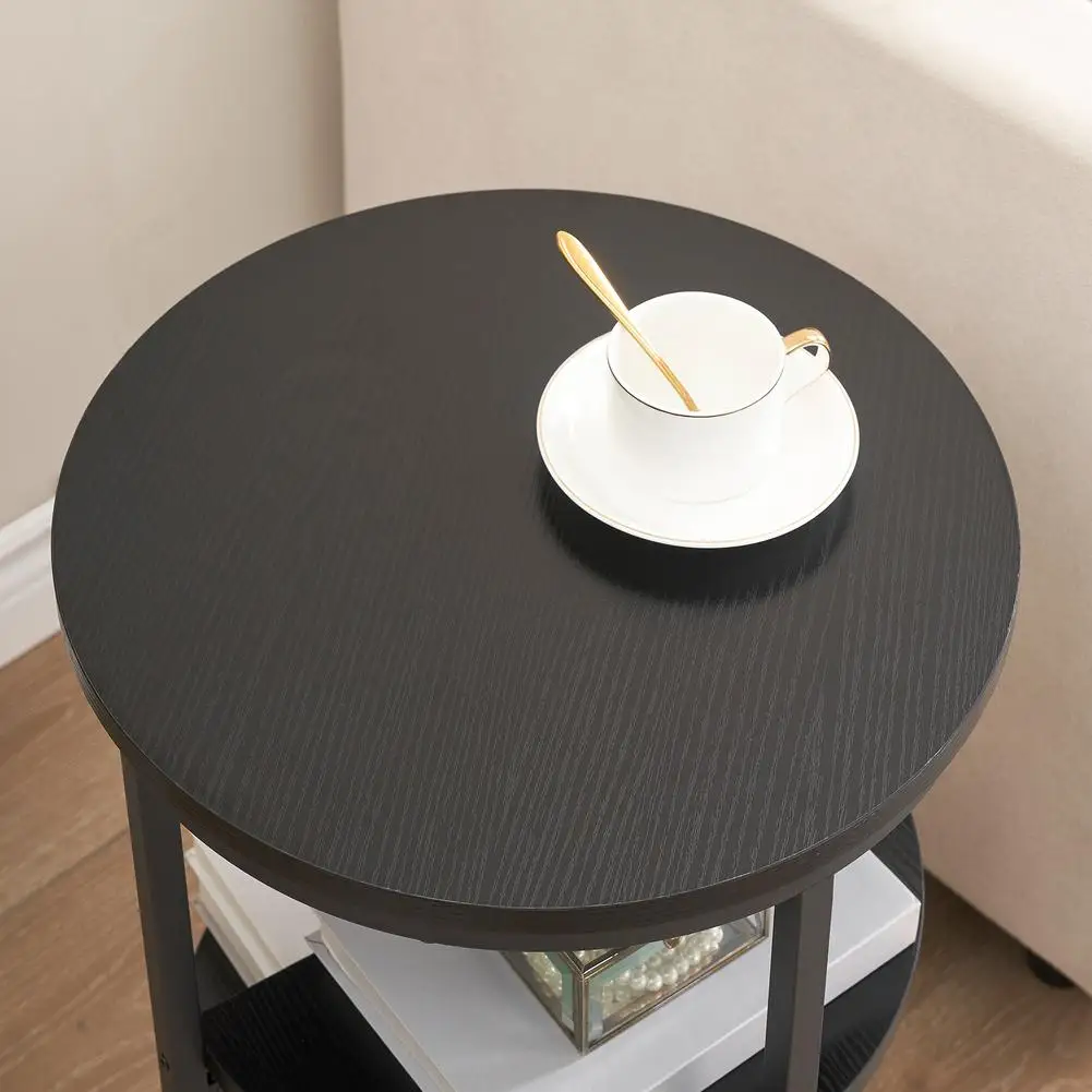 Круглый приставной столик с местом для хранения, Черный деревянный приставной столик с 3-ярусной полкой для хранения, Тумбочка для гостиной, диван в спальне Изображение 2
