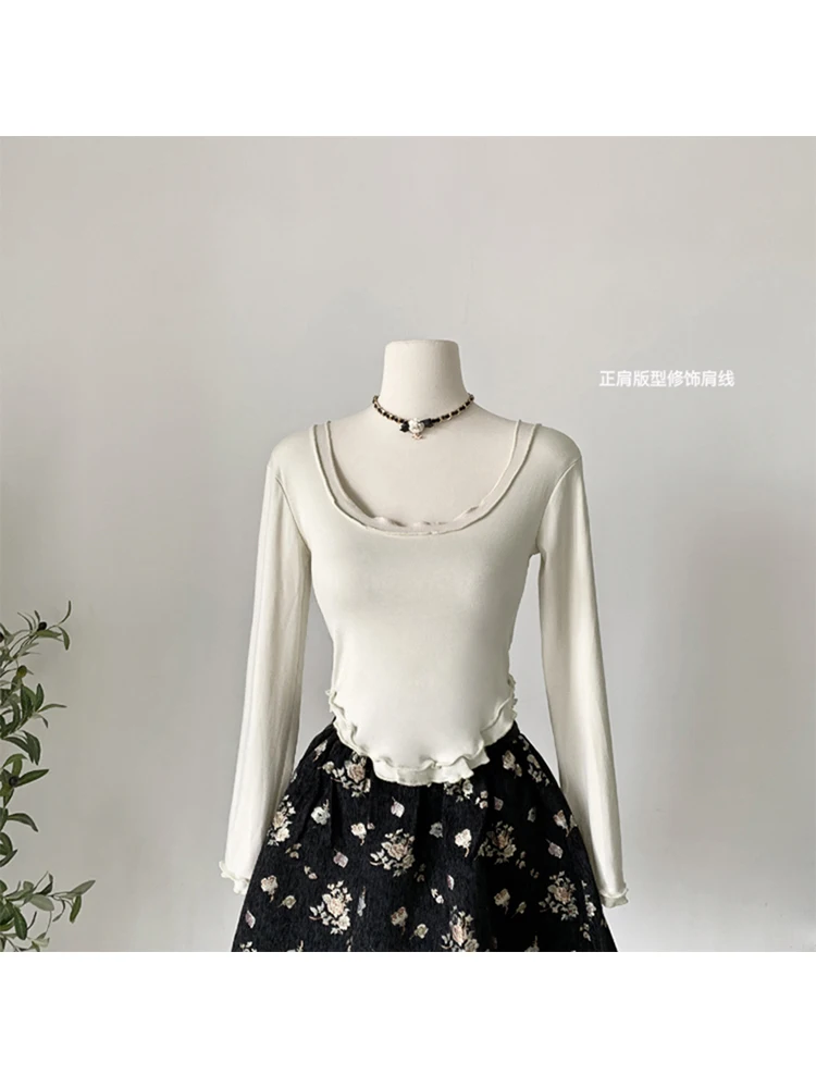 Корейские модные повседневные классические футболки Mori Girl, женский укороченный топ с длинным рукавом, тонкие футболки с круглым вырезом, Однотонная эстетичная уличная одежда Изображение 1