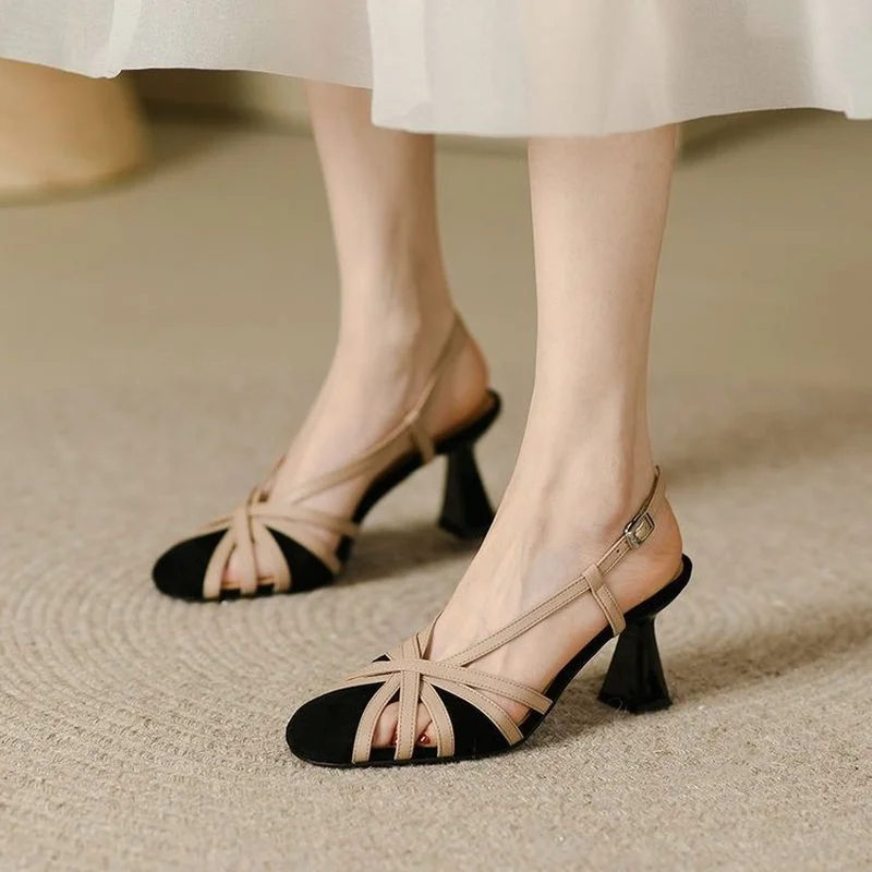 Летние босоножки Новые женские сандалии-гладиаторы на высоком каблуке с круглым носком, полые босоножки с ремешком и пряжкой, вечерние модельные туфли на каблуках для женщин Изображение 0