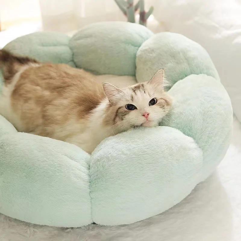 Кошачья кровать Bonzerpet мягкая цветочная плюшевая теплая подушка для сна собаки котенок уютное гнездышко домик кровать для домашних животных Изображение 1