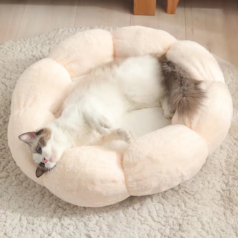 Кошачья кровать Bonzerpet мягкая цветочная плюшевая теплая подушка для сна собаки котенок уютное гнездышко домик кровать для домашних животных Изображение 2