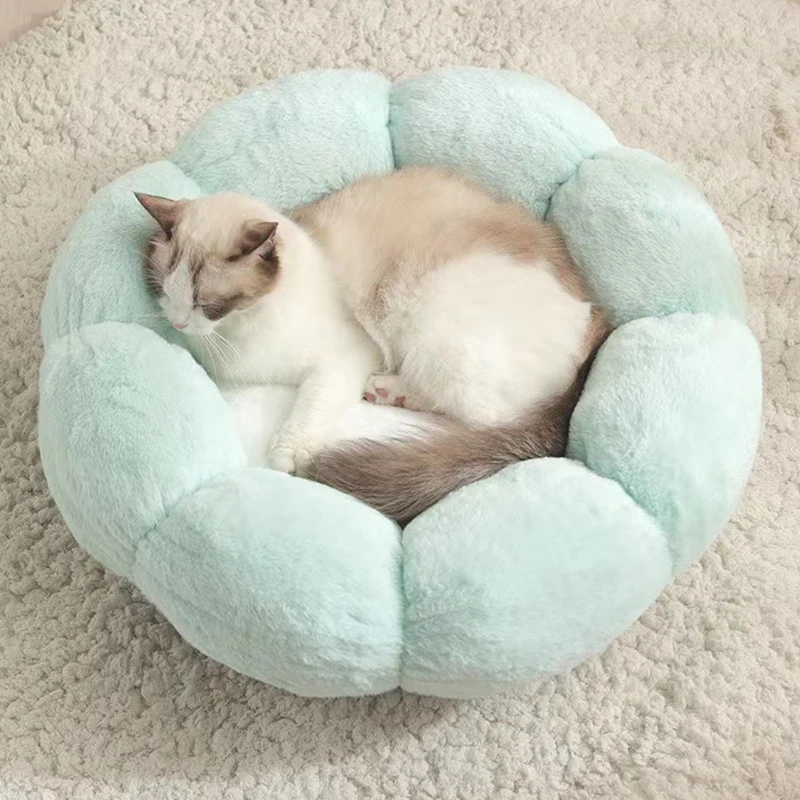 Кошачья кровать Bonzerpet мягкая цветочная плюшевая теплая подушка для сна собаки котенок уютное гнездышко домик кровать для домашних животных Изображение 3