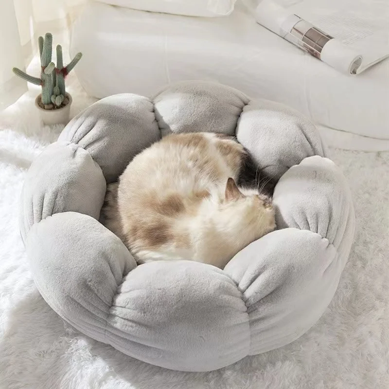 Кошачья кровать Bonzerpet мягкая цветочная плюшевая теплая подушка для сна собаки котенок уютное гнездышко домик кровать для домашних животных Изображение 4