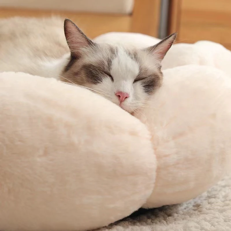 Кошачья кровать Bonzerpet мягкая цветочная плюшевая теплая подушка для сна собаки котенок уютное гнездышко домик кровать для домашних животных Изображение 5