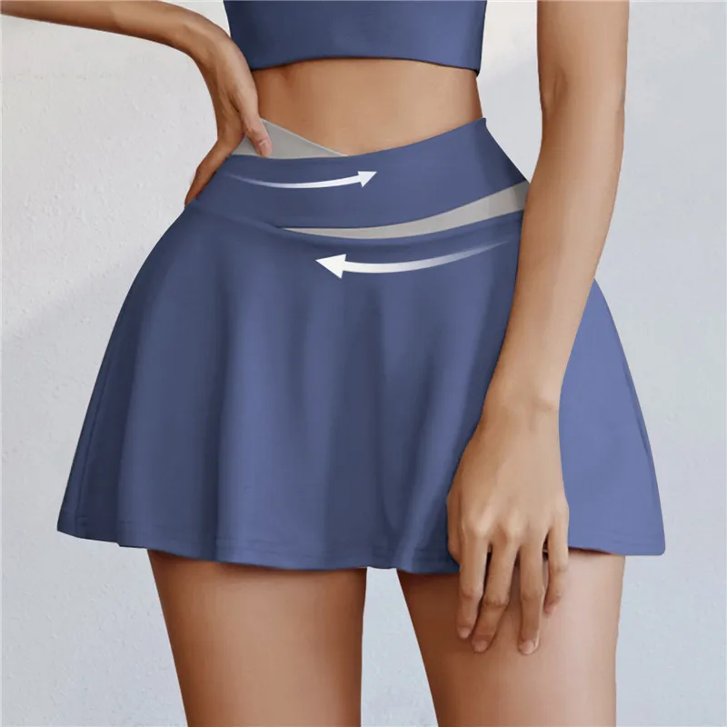 Женские поддельные шорты-двойки для йоги, юбка с нижним бельем, спортивная короткая юбка для тенниса, мягкая сухая мини-юбка для быстрой тренировки в фитнесе. Изображение 0