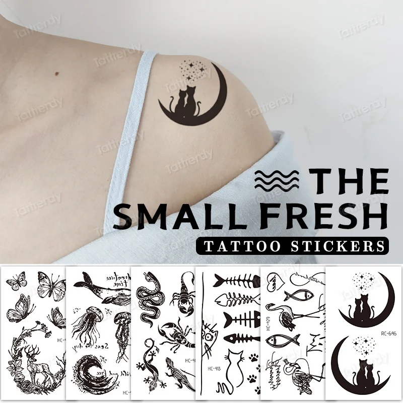 Небольшие наклейки с татуировками мини-размера, простая Луна, Бабочка, Звезда, Кошка, Забавные детские татуировки, Водонепроницаемая Черная временная татуировка на руку Изображение 0