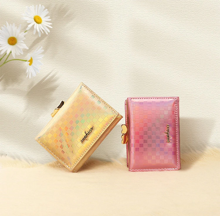 Женские кошельки, короткий красочный кошелек, многофункциональный складной кошелек для монет, розовый кошелек из искусственной кожи, держатели карт Cartera Mujer Изображение 0
