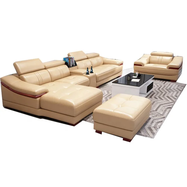 бежевый секционный настраиваемый современный диван из натуральной кожи, диван для гостиной, кожаный диван Оптом со скидкой 30%, модная мебель для спальни Изображение 0
