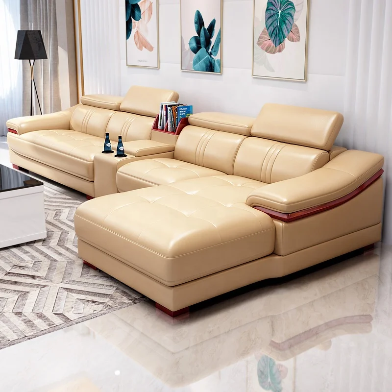 бежевый секционный настраиваемый современный диван из натуральной кожи, диван для гостиной, кожаный диван Оптом со скидкой 30%, модная мебель для спальни Изображение 1