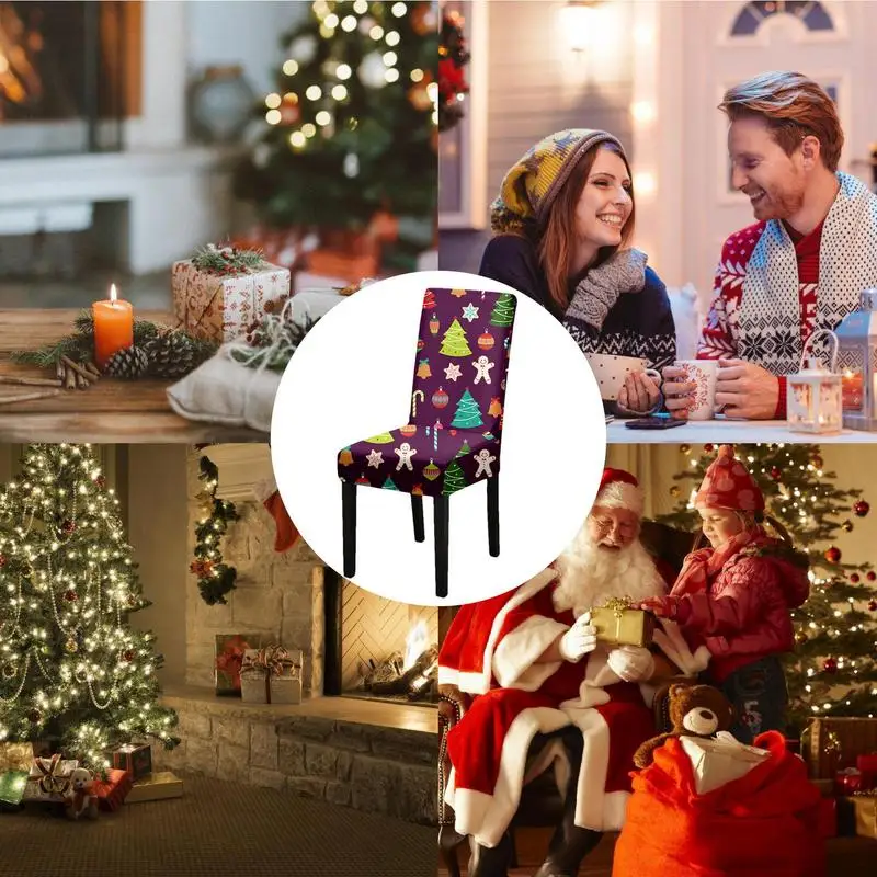 Рождественский чехол для стула, чехлы для сидений в столовой, Моющийся чехол для стула, простая установка, функция защиты, Создайте Рождественское настроение Изображение 2