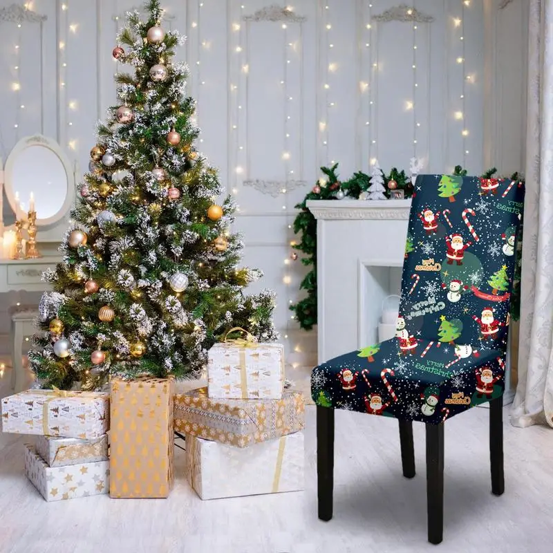 Рождественский чехол для стула, чехлы для сидений в столовой, Моющийся чехол для стула, простая установка, функция защиты, Создайте Рождественское настроение Изображение 4