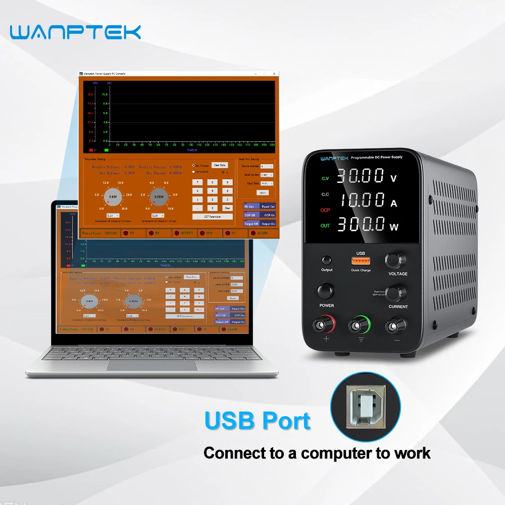 Wanptek Регулируемый источник питания постоянного тока 30 В 10A 60 В 5A USB интерфейс связи Лабораторный стенд Источник питания Стабилизированный переключатель для ПК Изображение 1