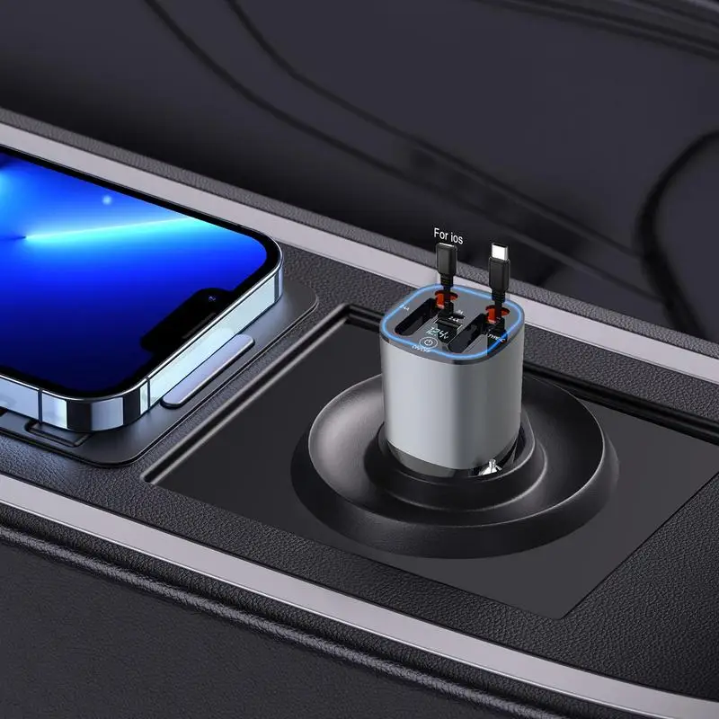 Автомобильное зарядное устройство Новый сверхбыстрый автомобильный адаптер для зарядного устройства с двумя выдвижными кабелями, светодиодный индикатор напряжения 5 В 1, автомобильный аромадиффузор Изображение 0