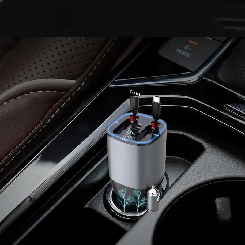 Автомобильное зарядное устройство Новый сверхбыстрый автомобильный адаптер для зарядного устройства с двумя выдвижными кабелями, светодиодный индикатор напряжения 5 В 1, автомобильный аромадиффузор Изображение 1