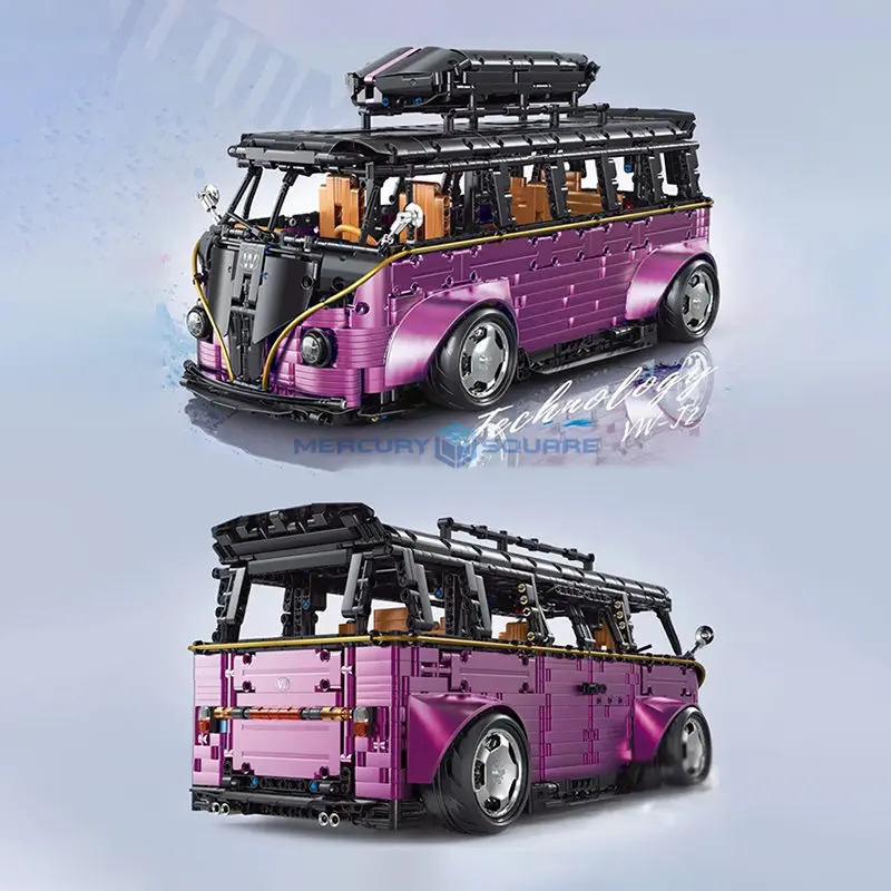 Фиолетовый ретро микроавтобус MOC T5022B, необычный легковой автомобиль, кирпичи, яростная игрушка, высокотехнологичная модель автомобиля, Строительные блоки, подарок для мальчиков Изображение 1