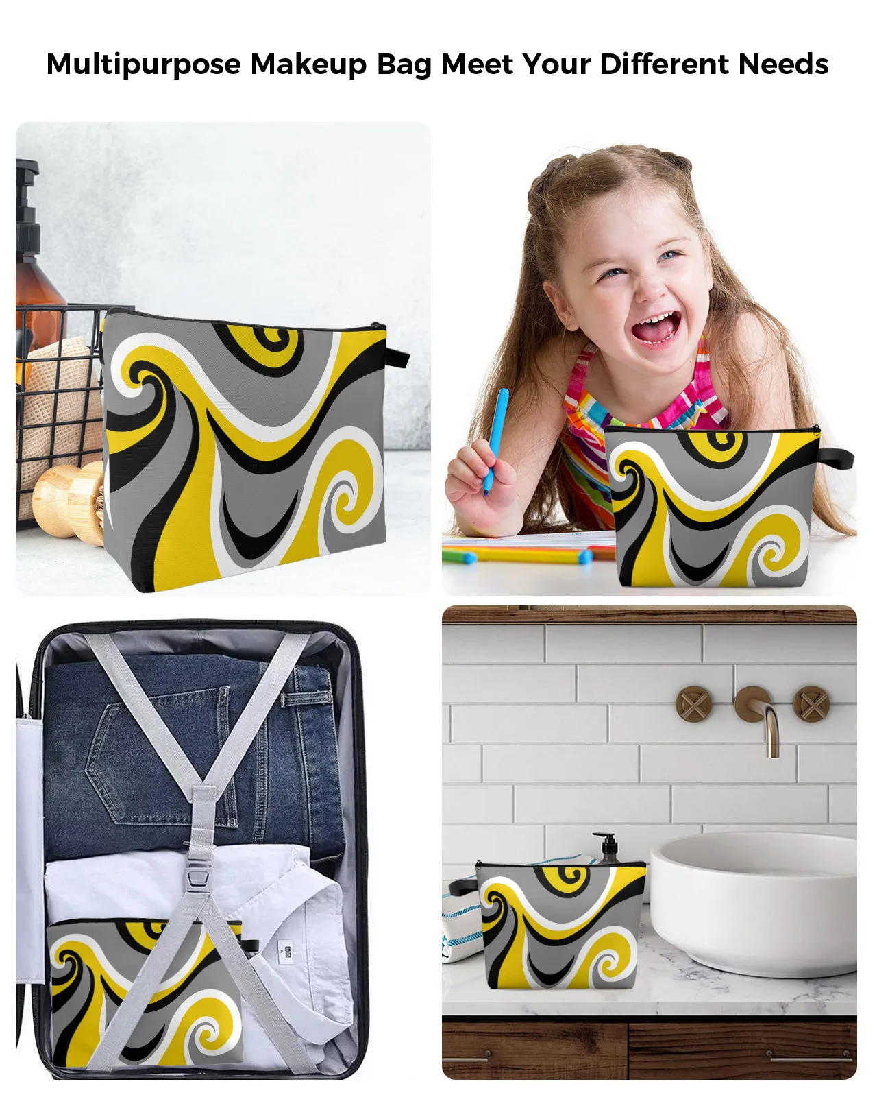 Современная абстрактная Желтая косметичка Whirlpool, сумка для предметов первой необходимости, женские косметички, органайзер для хранения в туалете, пенал для карандашей Изображение 5