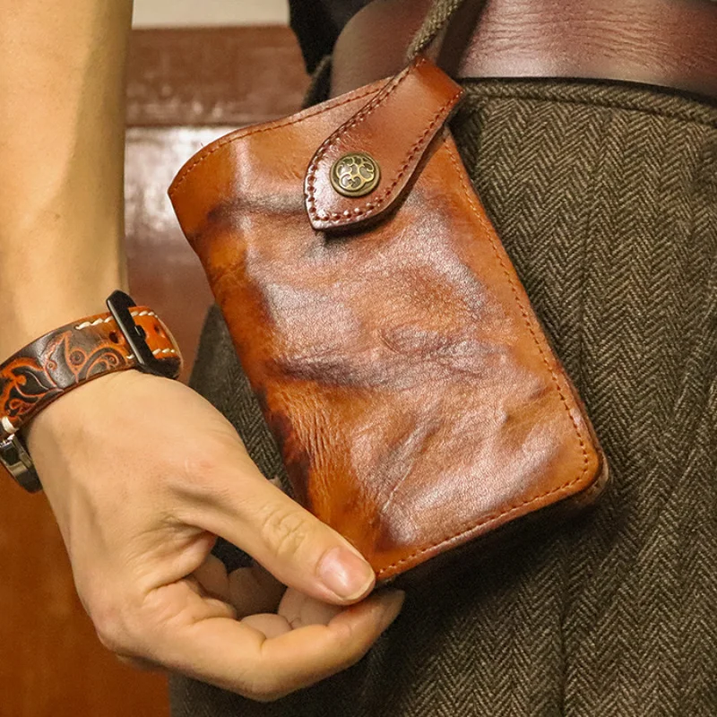 Мужской кошелек из натуральной кожи в стиле ретро, модная сумка для карточек с длинным рукавом растительного дубления Изображение 0