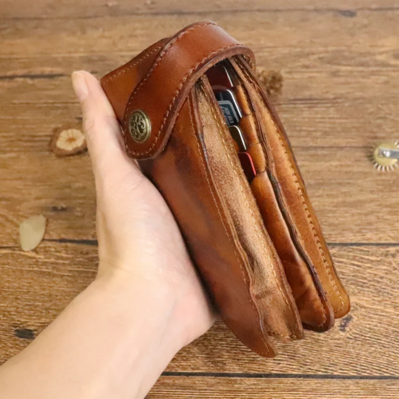 Мужской кошелек из натуральной кожи в стиле ретро, модная сумка для карточек с длинным рукавом растительного дубления Изображение 2