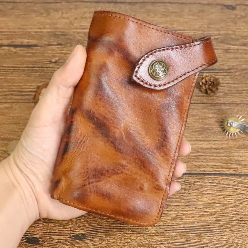 Мужской кошелек из натуральной кожи в стиле ретро, модная сумка для карточек с длинным рукавом растительного дубления Изображение 5