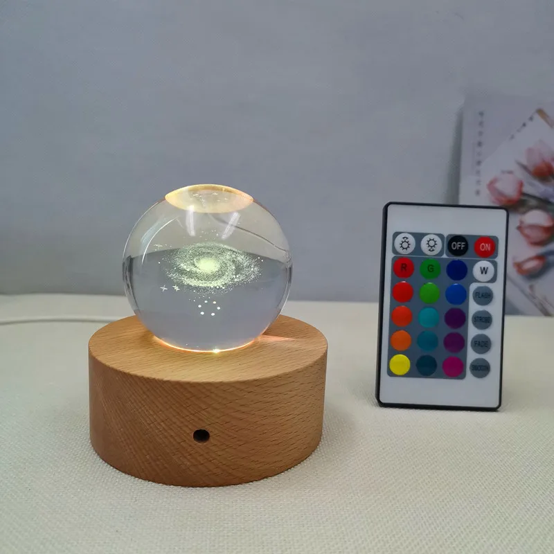 USB Бук, 3 см Основание, 3d Хрустальный шар, ночник для рукоделия, Индивидуальный Светодиодный ночник, Пульт дистанционного управления, Красочная 3D светодиодная лампа из массива дерева Изображение 2