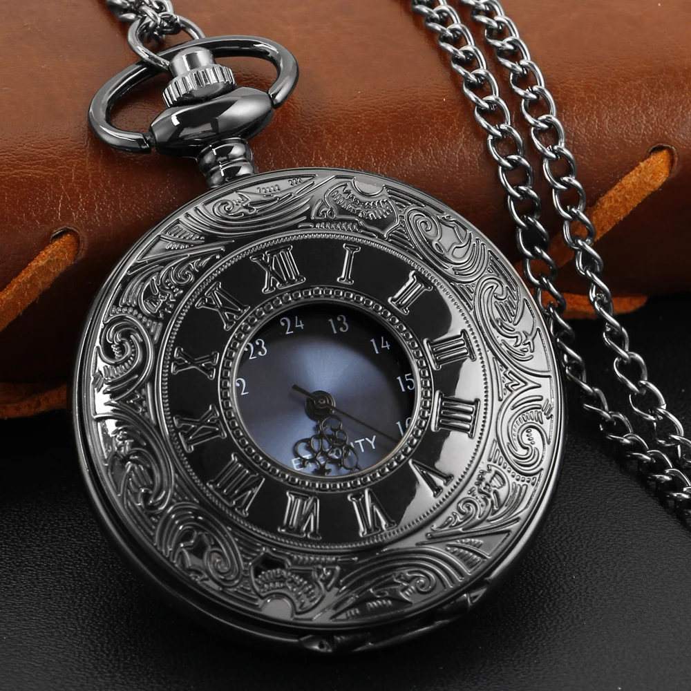 Новый черный римский дисплей Изысканный циферблат Кварцевые карманные часы Винтажное Джентльменское ожерелье Кулон Модные Аксессуары Часы Изображение 0