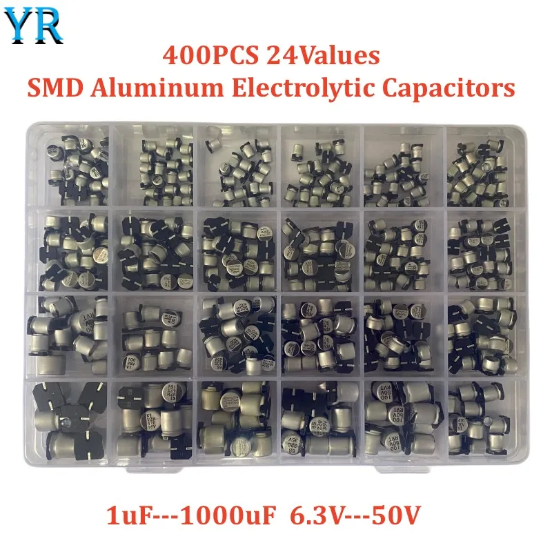 24 значения 400ШТ SMD Алюминиевые Электролитические Конденсаторы Ассортимент Комплект SMD 1 мкФ-1000 мкФ 6,3 В-50 В Изображение 0