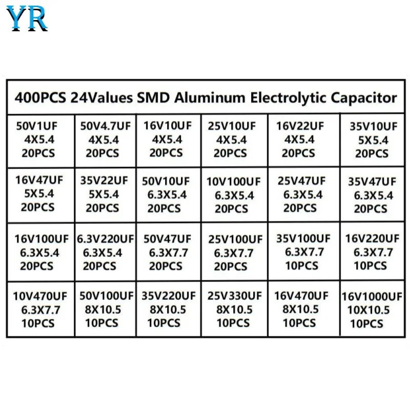 24 значения 400ШТ SMD Алюминиевые Электролитические Конденсаторы Ассортимент Комплект SMD 1 мкФ-1000 мкФ 6,3 В-50 В Изображение 3