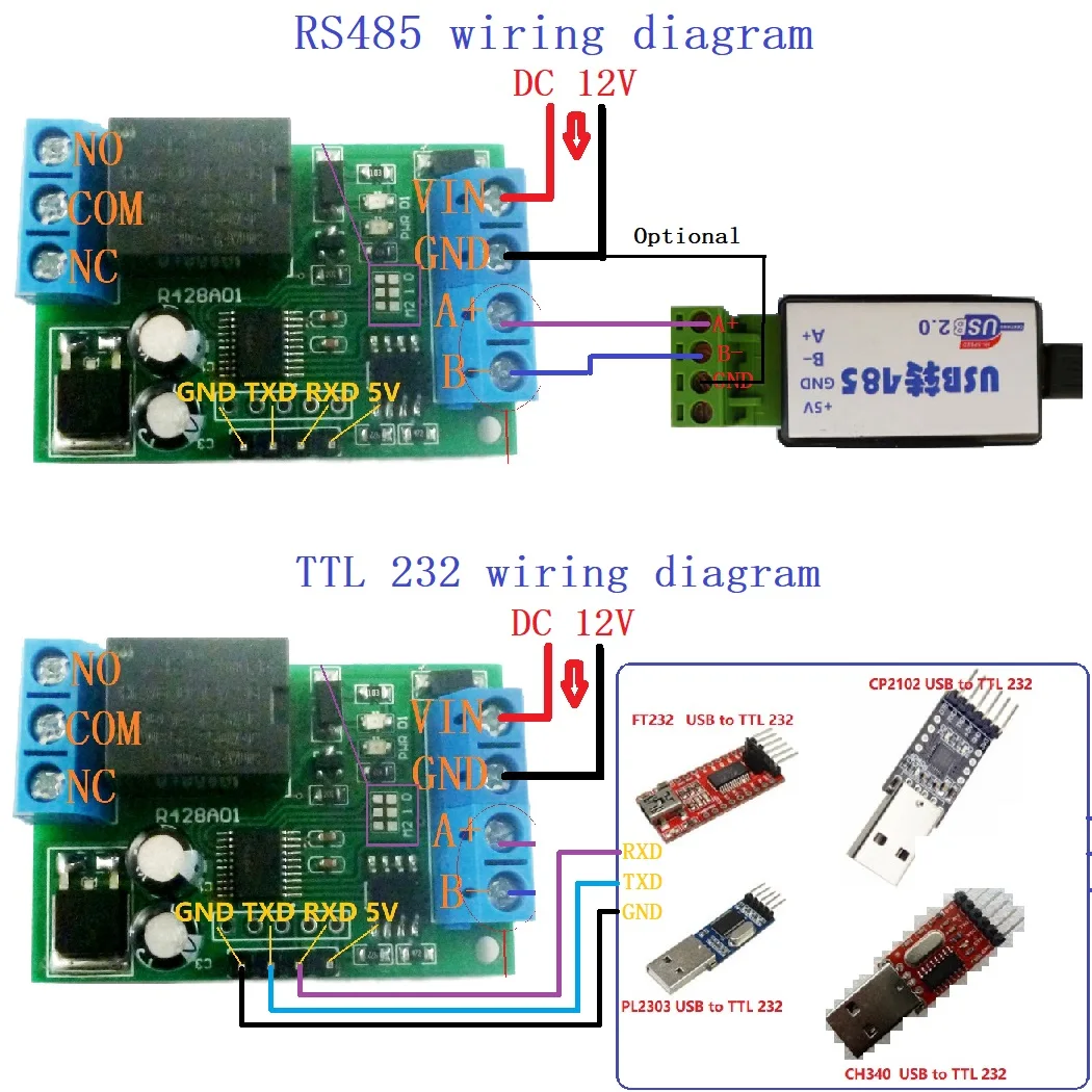 2 В 1 RS485 RS232 TTL На плате реле Modbus RTU ПК последовательный порт USB COM UART 1 канал 12 В постоянного тока модуль Изображение 4