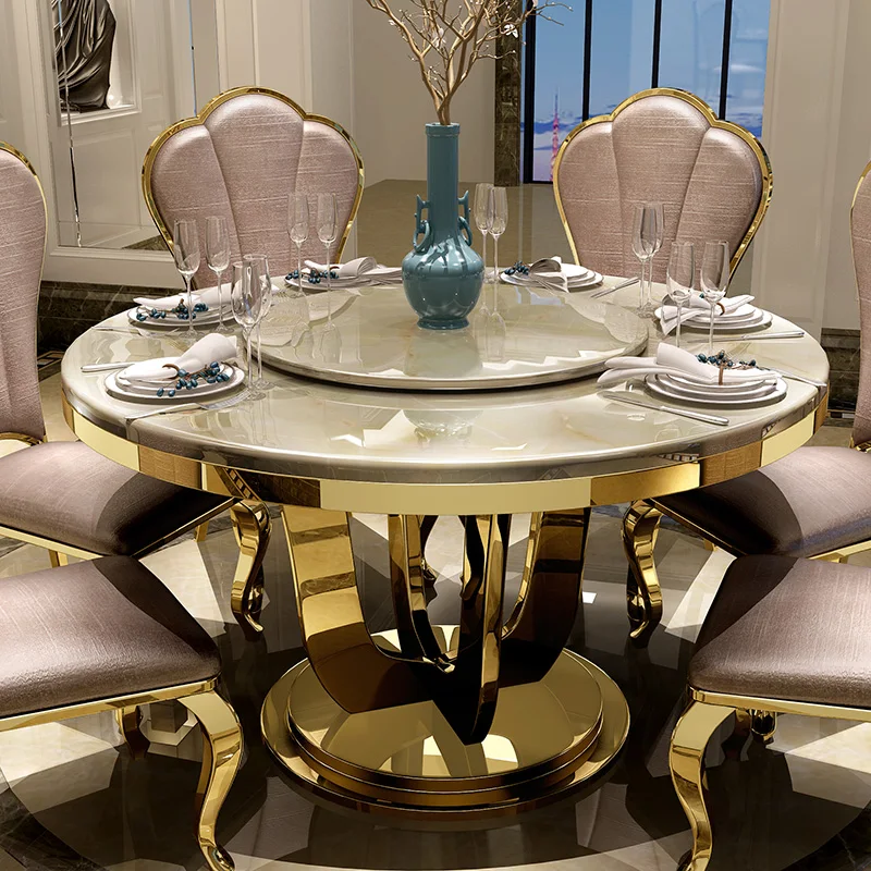 Сочетание легкого роскошного обеденного стола и стула, круглый стол в европейском стиле, современный минималистичный домашний круглый стол с поворотным механизмом Изображение 0