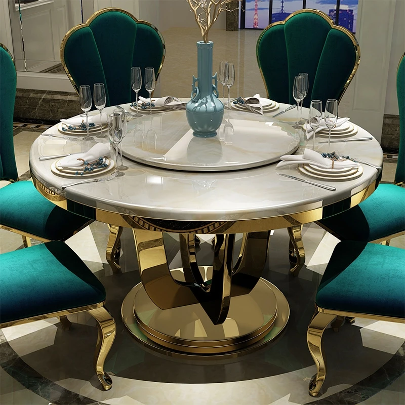 Сочетание легкого роскошного обеденного стола и стула, круглый стол в европейском стиле, современный минималистичный домашний круглый стол с поворотным механизмом Изображение 2