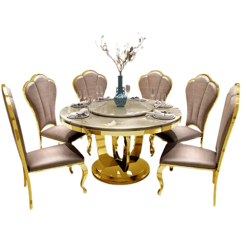 Сочетание легкого роскошного обеденного стола и стула, круглый стол в европейском стиле, современный минималистичный домашний круглый стол с поворотным механизмом Изображение 5