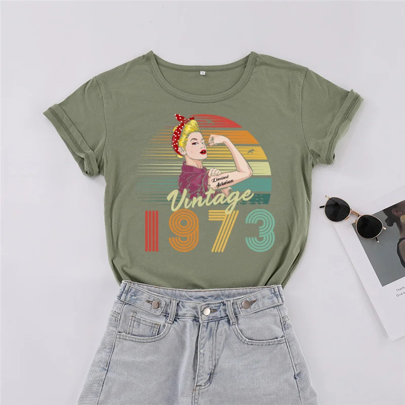 Футболка для именинницы, модная вечеринка, женская одежда в стиле Харадзюку, хлопок, забавная надпись, 1974 года рождения, женская футболка, футболки с коротким рукавом Изображение 0