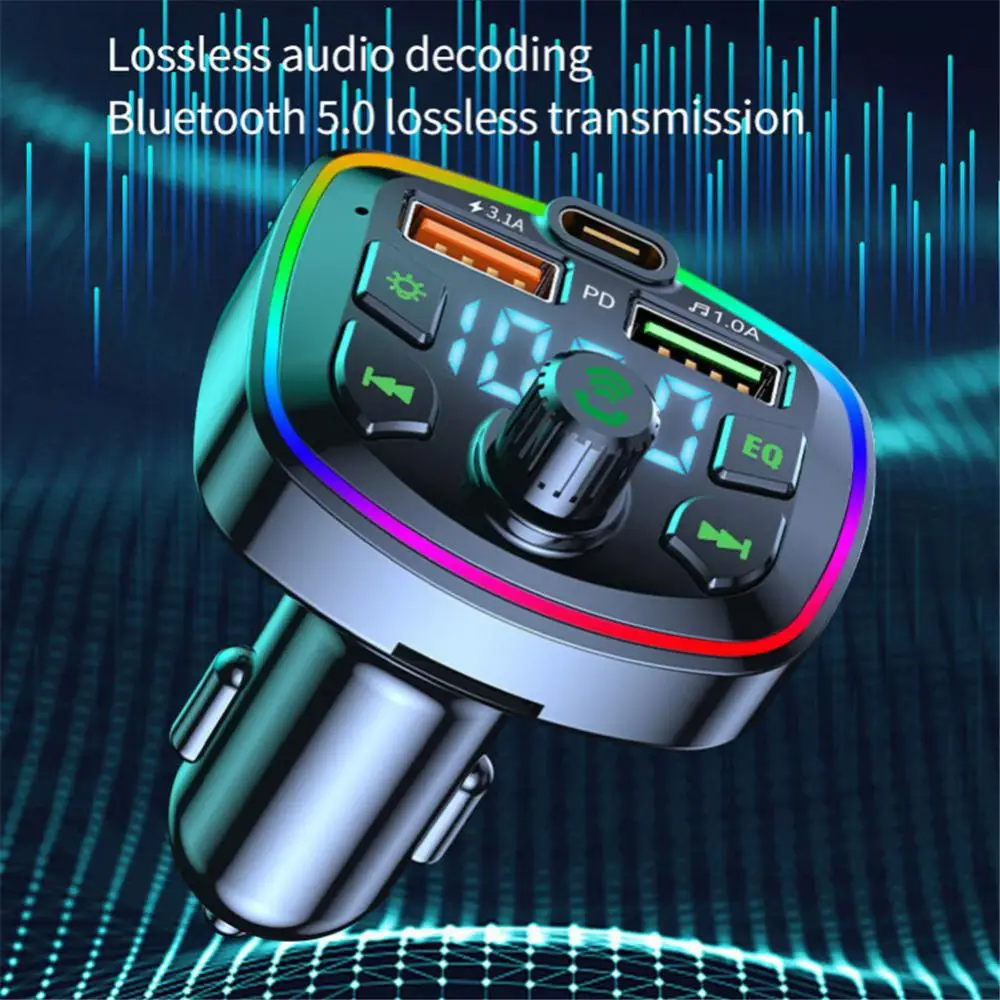 1 ~ 10ШТ Автомобильное Зарядное Устройство Bluetooth 5.0 FM-Передатчик PD 20 Вт Type-C Двойной USB 3.1A Красочный Рассеянный Свет Прикуриватель MP3 Музыка Изображение 1