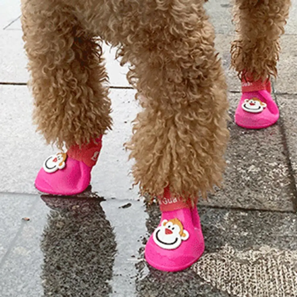 4шт Непромокаемых ботинок для щенков, силиконовые непромокаемые ботинки для домашних животных, Клейкая лента с мультяшным рисунком, обувь для собак Изображение 1