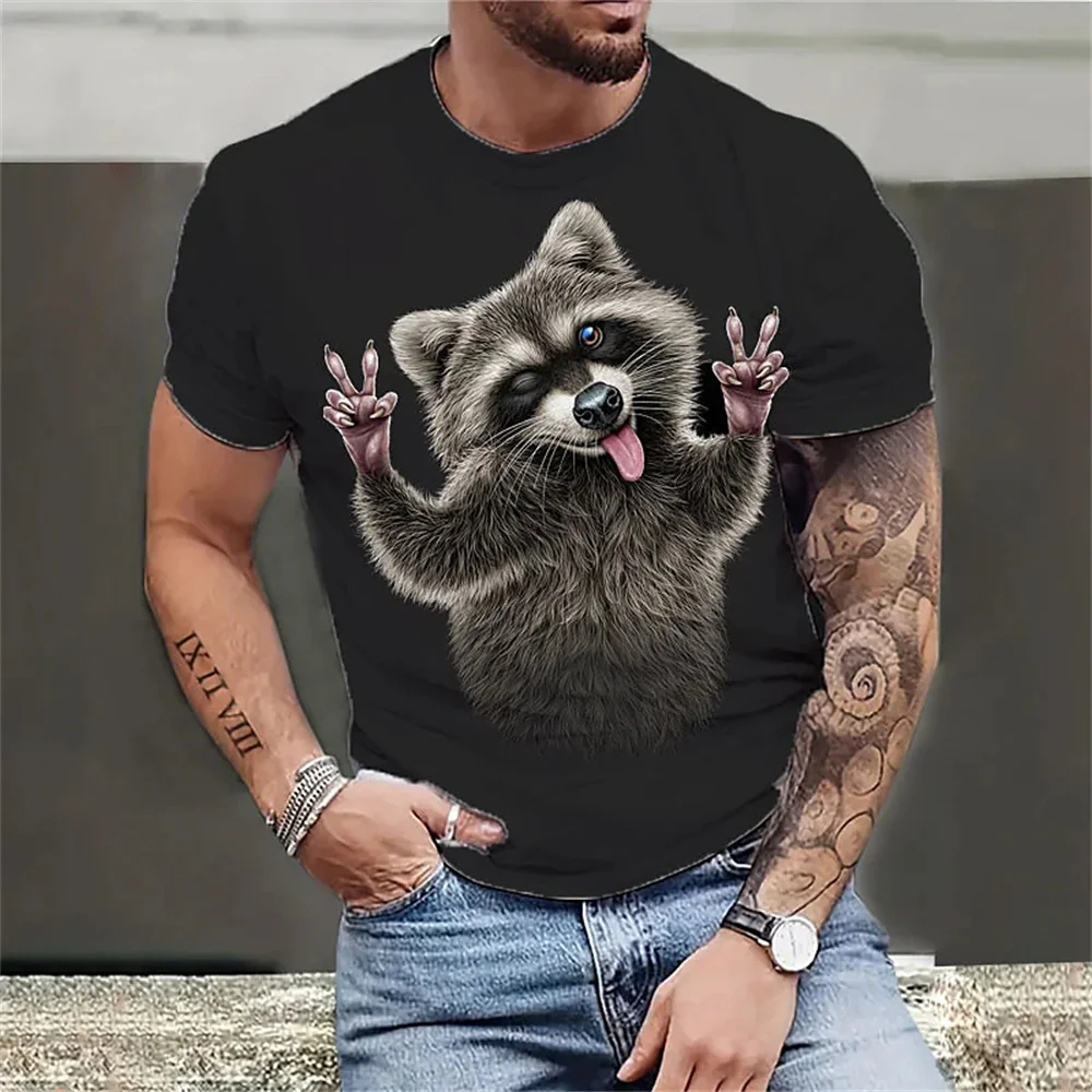 Мужская футболка с изображением животных, качественная мужская одежда с 3D-принтом енота, свободная рубашка оверсайз, модная уличная толстовка, Классический короткий рукав Изображение 0