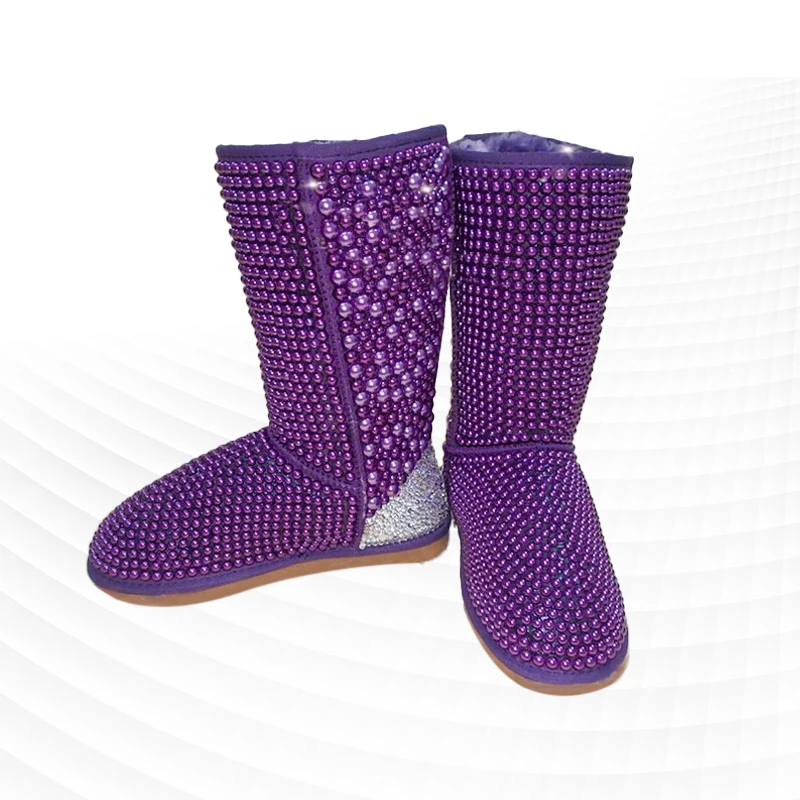 Фиолетовые аксессуары с жемчугом и бриллиантами, изготовленные на заказ зимние ботинки длиной до икр, женские ботинки большого размера 35-44. Изображение 0