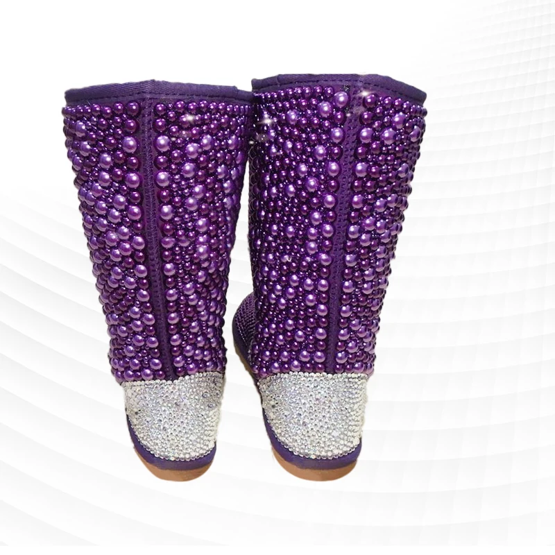 Фиолетовые аксессуары с жемчугом и бриллиантами, изготовленные на заказ зимние ботинки длиной до икр, женские ботинки большого размера 35-44. Изображение 1