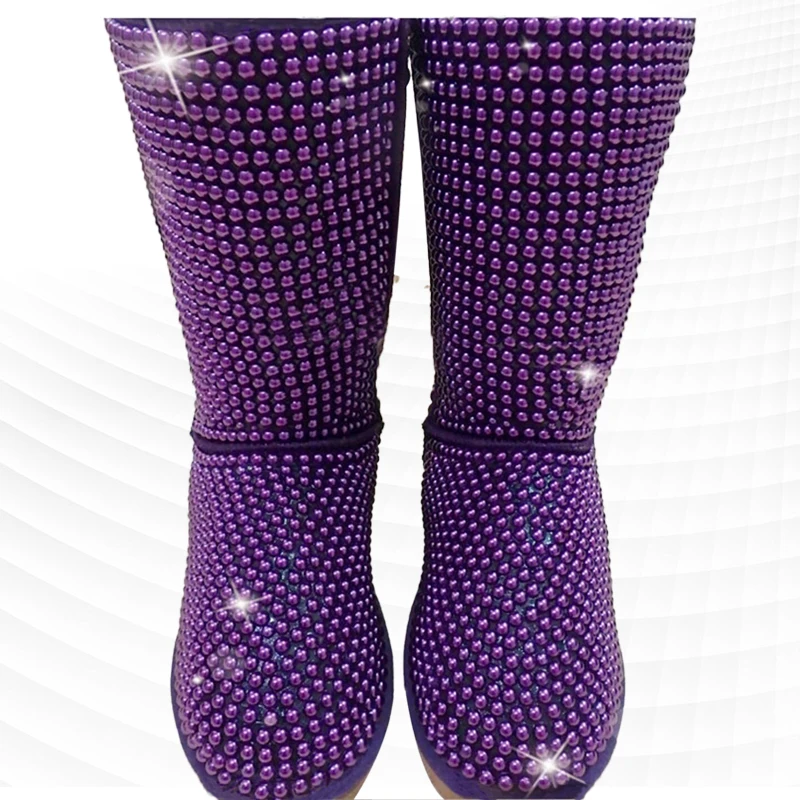 Фиолетовые аксессуары с жемчугом и бриллиантами, изготовленные на заказ зимние ботинки длиной до икр, женские ботинки большого размера 35-44. Изображение 2