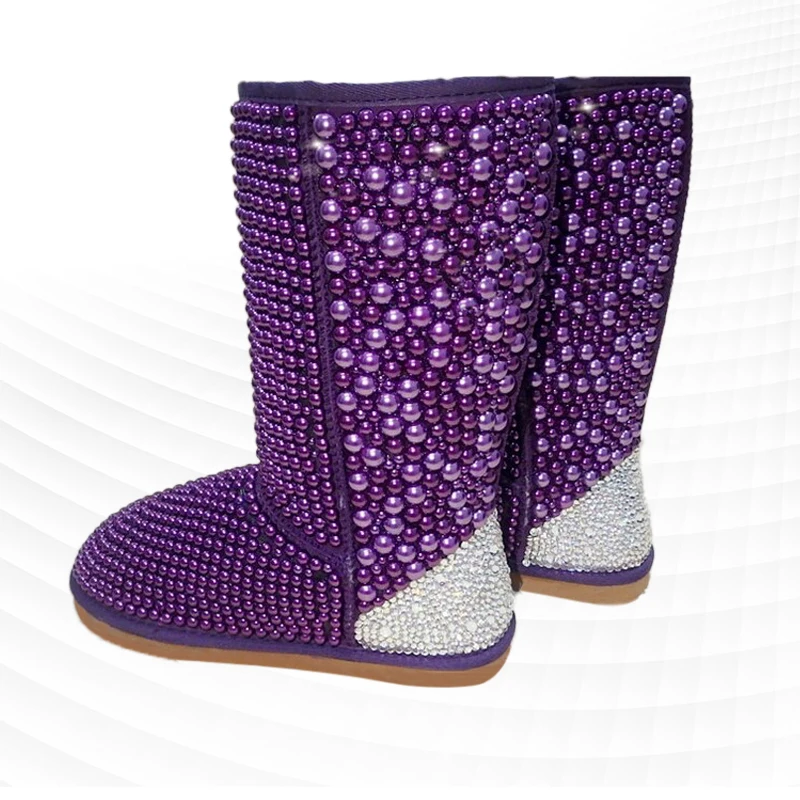 Фиолетовые аксессуары с жемчугом и бриллиантами, изготовленные на заказ зимние ботинки длиной до икр, женские ботинки большого размера 35-44. Изображение 3