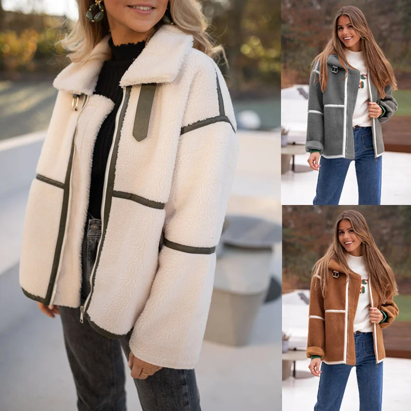 Женская осенне-зимняя мода 2023, шерстяное пальто сращивания, Короткая куртка из овечьей шерсти, Женские топы с длинным рукавом, женское теплое пальто Изображение 0