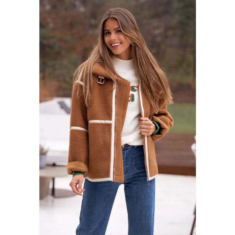 Женская осенне-зимняя мода 2023, шерстяное пальто сращивания, Короткая куртка из овечьей шерсти, Женские топы с длинным рукавом, женское теплое пальто Изображение 2