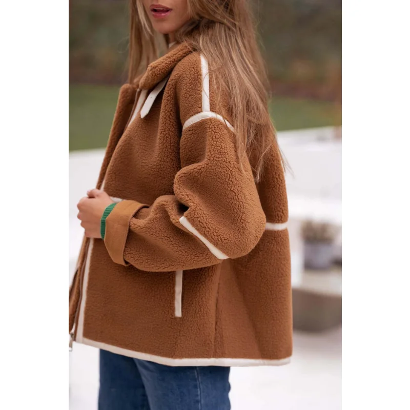Женская осенне-зимняя мода 2023, шерстяное пальто сращивания, Короткая куртка из овечьей шерсти, Женские топы с длинным рукавом, женское теплое пальто Изображение 3