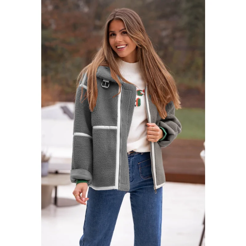 Женская осенне-зимняя мода 2023, шерстяное пальто сращивания, Короткая куртка из овечьей шерсти, Женские топы с длинным рукавом, женское теплое пальто Изображение 4