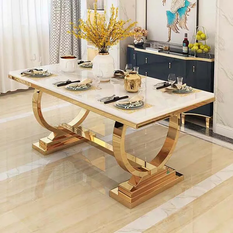длинный прямоугольный обеденный стол из белого мрамора с кольцевой золотой рамой из нержавеющей стали, обеденный стол для домашней кухни Изображение 0