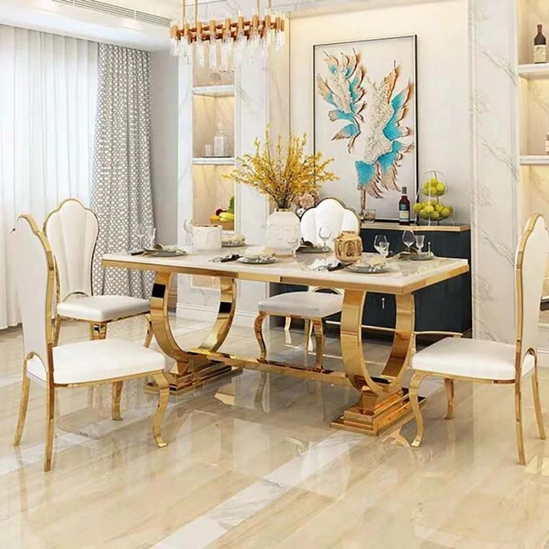 длинный прямоугольный обеденный стол из белого мрамора с кольцевой золотой рамой из нержавеющей стали, обеденный стол для домашней кухни Изображение 1