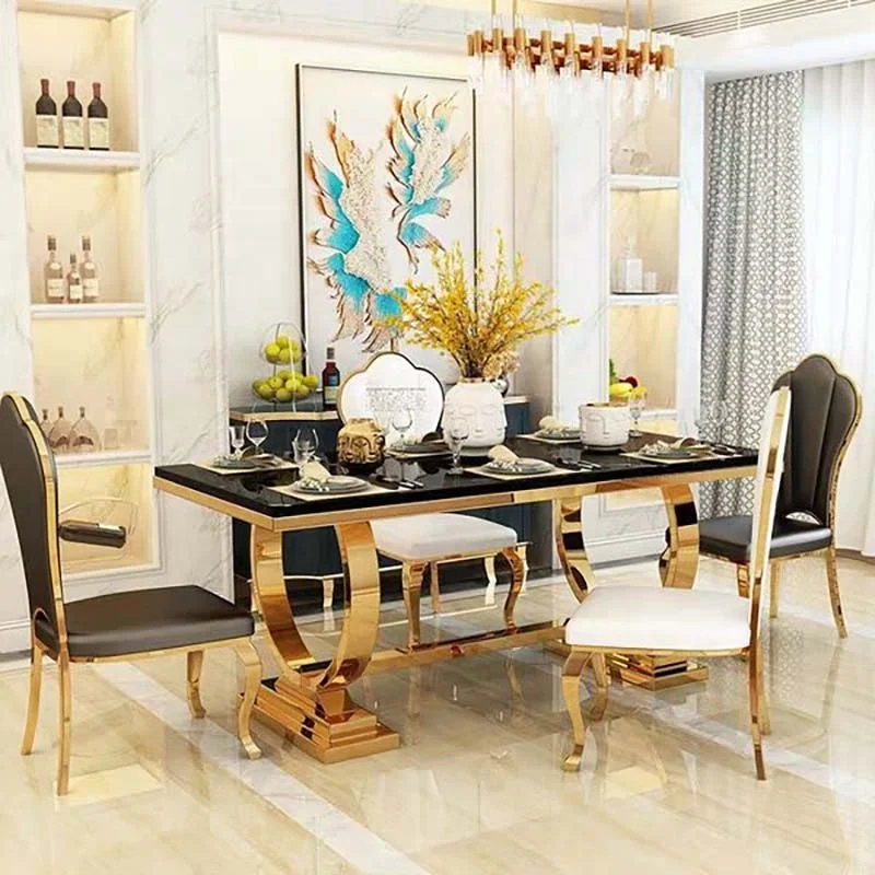 длинный прямоугольный обеденный стол из белого мрамора с кольцевой золотой рамой из нержавеющей стали, обеденный стол для домашней кухни Изображение 3
