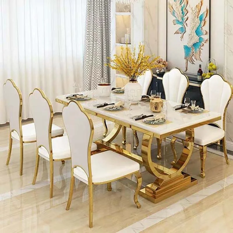 длинный прямоугольный обеденный стол из белого мрамора с кольцевой золотой рамой из нержавеющей стали, обеденный стол для домашней кухни Изображение 4