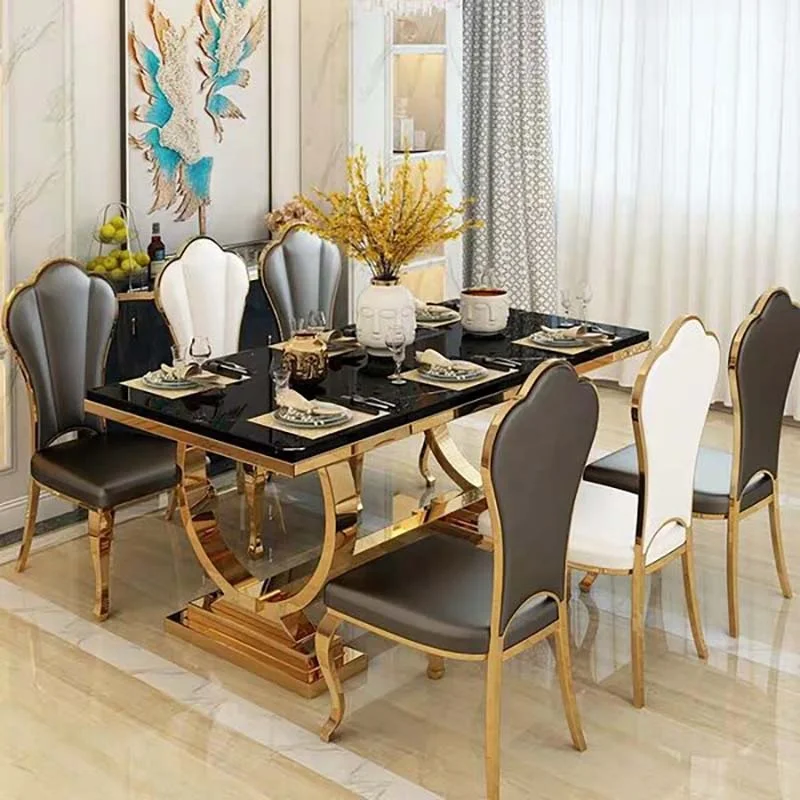 длинный прямоугольный обеденный стол из белого мрамора с кольцевой золотой рамой из нержавеющей стали, обеденный стол для домашней кухни Изображение 5